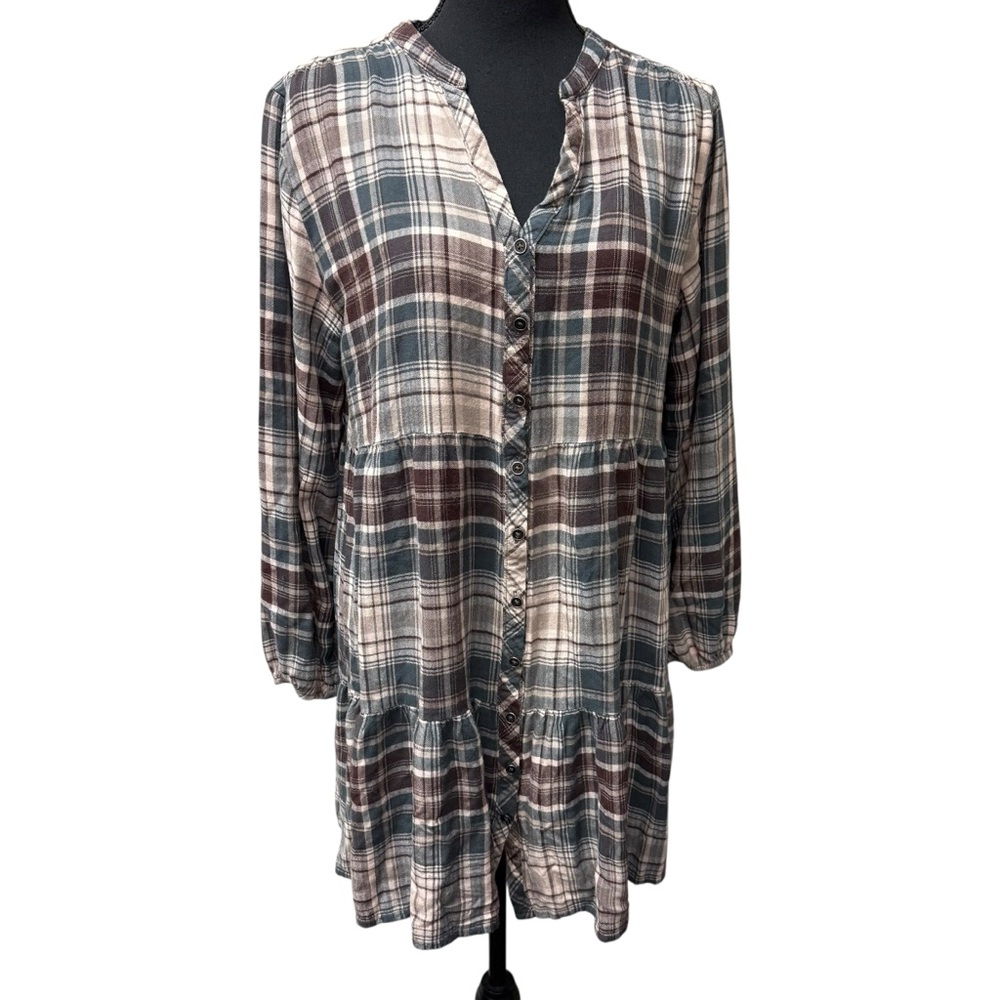Knox Rose Plaid Tiered Tunic Dress Boho Peasant Button Front Brown Large